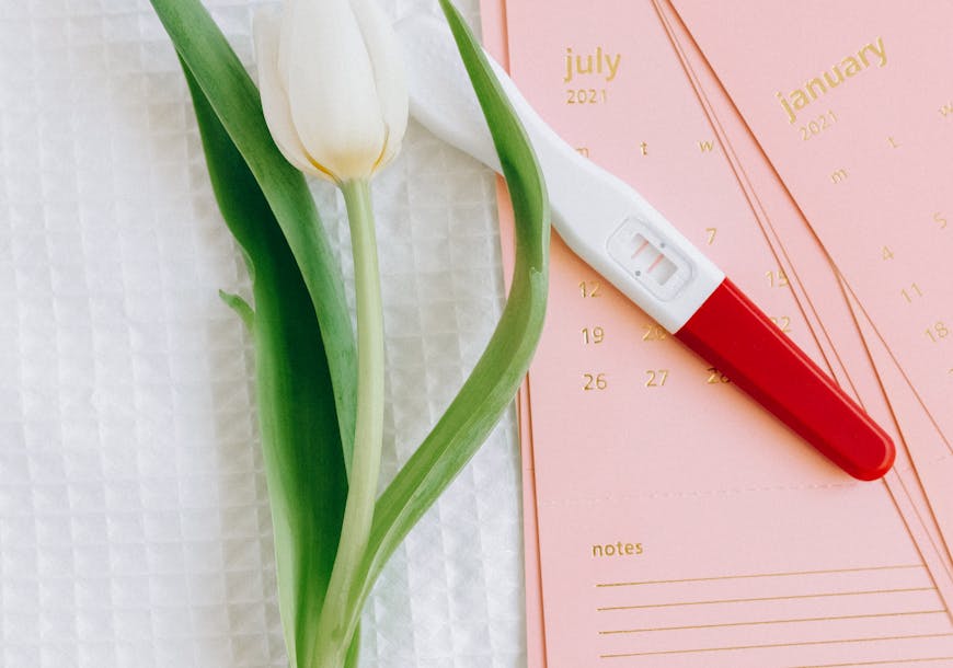 Close-up of a pregnancy test and tulip on a calendar, symbolizing new beginnings.