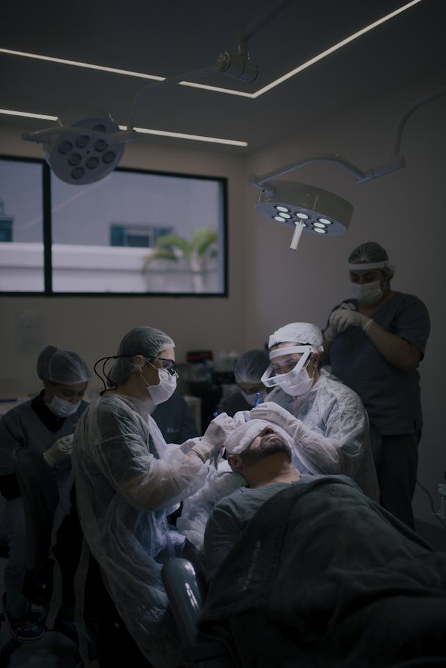 Surgeons conduct a hair transplant procedure in a modern operating room.